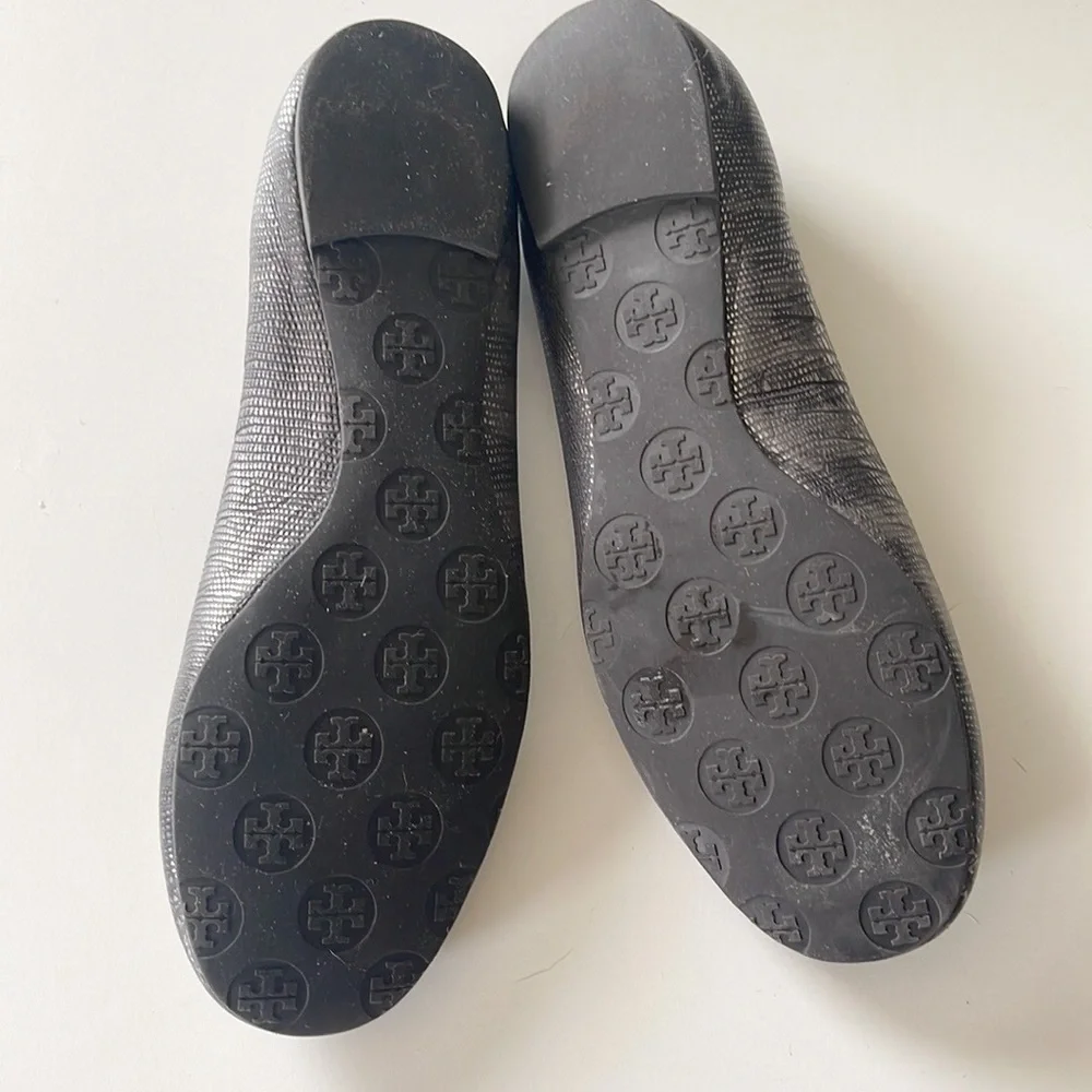 Tory Burch Reva Metallic Black Lizard Embossed Leather Ballet Flat